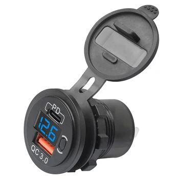 12V-24V 48W USB Tomada Impermeável Carregador de Tomada de PD e QC3.0 Porta USB com LED Tensão para Carro Caminhão Carrinho de Golfe Azul