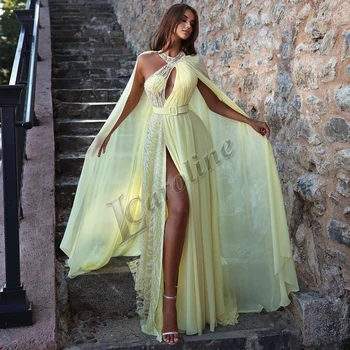 Caroline Amarelo Requintado Bling Tira De Tule Cinto De Vestidos De Noite Fenda Lateral Para Mulheres Prom Vestido De Festa Feito Manto De Estiramento