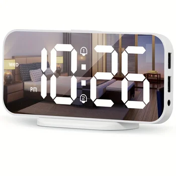 Espelhamento de HD Relógio Despertador Digital Dia da Semana a Noite de Modo Ilimitado Repetir Tabela Relógio 12/24H Alarme duplos Saída USB LED Relógio
