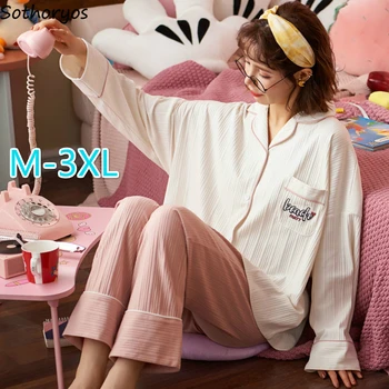 Mulheres de Pijama Conjuntos de grandes dimensões 3XL Estudante coreano Estilo Doce Casuais, Pijamas Letra Impressa Kawaii Sala de Vestir Linda Algodão Cair