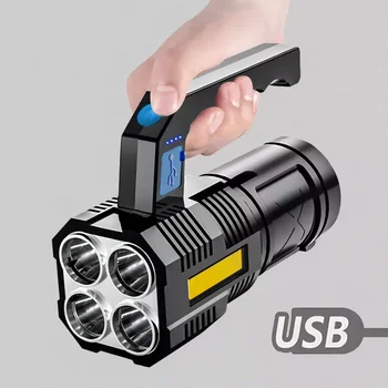 NOVO 4LED Lâmpada Portátil de Plástico ABS USB Lanterna elétrica Recarregável da ESPIGA 4modes Luz Forte Multifuncional Tocha Com indicação de Potência