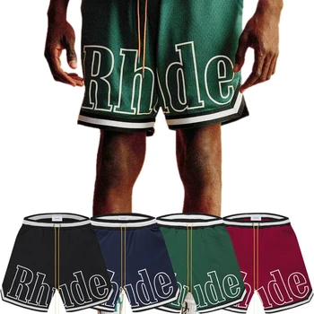 Rhude Tribunal Logotipo Shorts Letra Imprimir Cordão High Street de Alta Qualidade para Homens e Mulheres malhas Soltas Casual Esportes Shorts