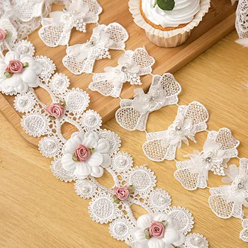 1 Jarda Branco Pérola Rosa Flor Bordado Guarnição do Laço de Fita de Casamento Applique DIY de Costura Suprimentos de Decoração de Casamento