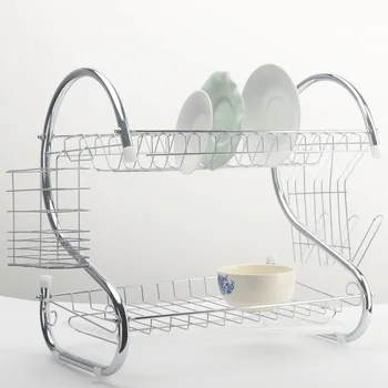 2-camada de cozinha, secador de cesta galvanizada doméstico de lavagem de grande pia de cozinha de pratos de drenagem de lavandaria clipes organizador
