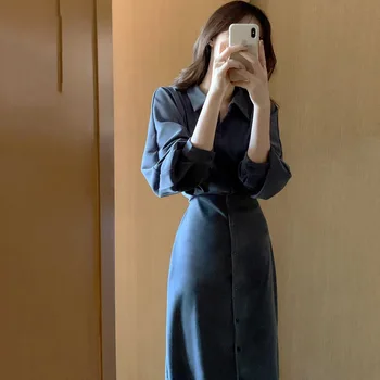 2022 primavera nova versão coreana vintage temperamento cintura fina camisa de vestido das mulheres de francês da luz madura sobre-o-joelho saia longa