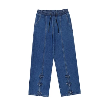 2022 Primavera-Verão da Nova Streetwear Homens Baggy Jeans Moda Dividir Com Botão Solto Reta de Perna Larga Azul Denim, Calças Para homens