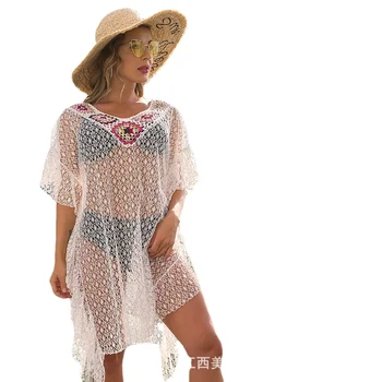 2023 nova moda boêmio estilo étnico V-pescoço pura crochê praia vestido longo