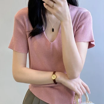 2023 Primavera-Verão da Nova Mulher de Camisola com Decote em V coreano de Manga Curta Ajuste Camisa Topo P218