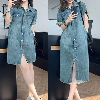 2023 Verão Nova de Jeans, Vestidos para Mulheres Solto e Casual Vintage manga Curta coreano Camisa de Moda Praia Tarvel Vestido de Streetwear