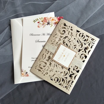 50X Pérola Convite de Casamento com Glitter Marca E o Envelope de DIY Oco Personalizado Imprimir o Cartão de Bolso Para a Doce Festa de Aniversário de 15