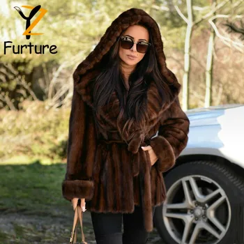 As Mulheres De Luxo Vison Importados Fur Casaco Com Capuz Com Slim Cinto Da Moda De Inverno Genuíno Mink Fur Casaco Frouxo De Design Marrom Quente Peles