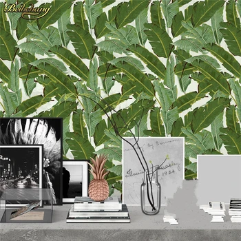 beibehang Personalizada foto de papel de parede grande mural de adesivos de parede fresco, natural, verde floresta tropical pintada à mão em folhas de bananeira