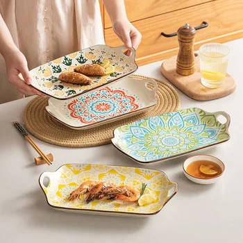 Boêmio ouvido retangular prato de peixe grande cozido de peixe grelhado prato prato Japonês família underglaze de cerâmica de louça de mesa
