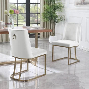 Cadeiras de jantar, Veludo Upolstered Lado da Cadeira, Ouro Pernas de Metal (Conjunto de 2) - Branco