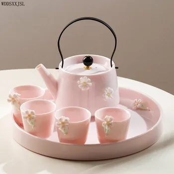 Chá de panela conjunto de Ovelhas Jade Gordura Conjunto de Chá Família rosa feixe de elevação chaleira Chá da Flor de Kung Fu Bule de Chá copo bandeja de Chá, chaleira