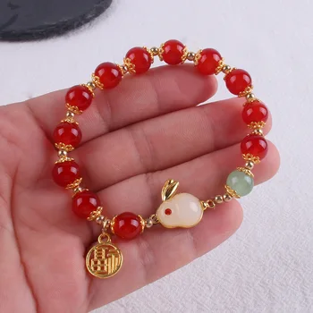 Coelho de Jade ágata vermelha bracelete de cristal coelho aventurina jade pulseira ins nicho de luz design de luxo temperamento namorada de presente