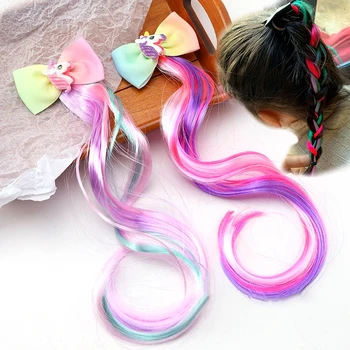 Colorido Gradiente Traje de Tecelagem Pino de Cabelo Clip-coreano Kawaii Unicórnio Arcos Peruca Tranças Grampos de cabelo para Crianças Meninas Acessórios