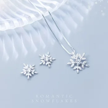 Cor Prata Coreano Moda Pequeno Floco De Neve Do Cristal De Zircão Brincos Colar Definido Feminino Da Flor Doce Casal De Presente