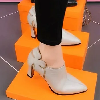 Cor sólida Único Sapatos Mulheres 2023 Novo Grosso Calcanhar Salto Alto da Moda de Todos-jogo de Pontas de Dedos Zíper Lateral Mulheres Sapatos de Zapatos