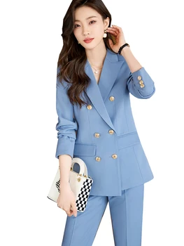 Escritório De Alta Qualidade Senhoras Terno De Calça Azul Caroços De Mulheres De Negócios Desgaste Do Trabalho Blazer Jaqueta E Calças Femininas Formal 2 Peças De Conjunto