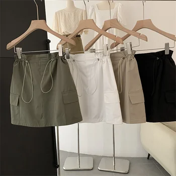 Exército Verde Curto Carga Saia Mulheres Cordão De Cintura Alta Mini Saias Femininas Streetwear Grande Bolso De Uma Linha De Saias