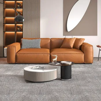 Família pequena napa sofá de couro italiano minimalista, sala de estar, três ou quatro pessoas, uma linha reta de sofá sofá de couro Nórdicos po