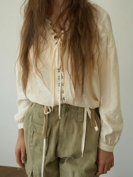 Francês Vintage Camisas, Blusas Borda do Fungo Lace-up Gancho de Rendas Superior de Emenda de Roupas para Mulheres coreano Moda de Roupas Femininas