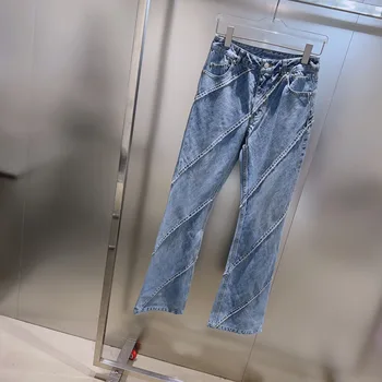 Giro de borla jeans micro-fino rebordo de calças versão meados de cintura alta versão de moda casual 2023 verão quente 0312