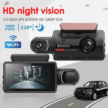 Gravador de Vídeo do carro da Visão Nocturna de 110 Graus Grande Angular Lente Dupla de Automóvel Gravador de Dados com wi-FI Monitor de Estacionamento Auto Traço Cam