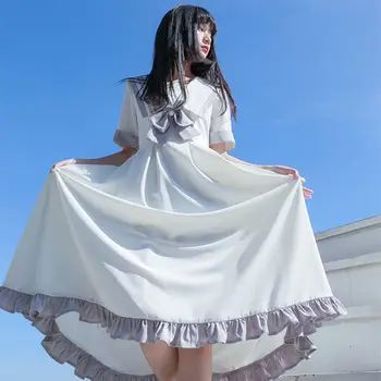 Hikigawa Moda Chique Mulheres Mauricinho Estilo Doce Japonês Arco Vestidos De Meninas Meados De-Comprimento De Uma Linha-Solta Elegantes Vestidos De Babados Mujer