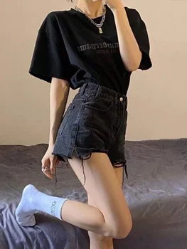 HOUZHOU Mulheres Shorts Jeans de Kpop Y2k Streetwear Grunge Vintage Folgado Preto Jean Shorts de Cintura Alta do sexo Feminino coreano a Moda de Verão