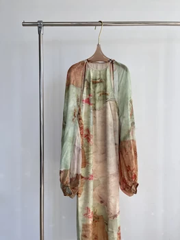 Impresso Chinês vestido de estilo Chinês novo início do outono Zen Jiangnan saia, livre e elegante, fresco sênior senso artístico