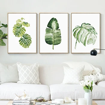 Impressão artística Pinturas de Parede Decoração Aquarela Plantas Verdes Cartazes Monstera Folhas de Bananeira Fotos para Arte de Parede de Sala de estar