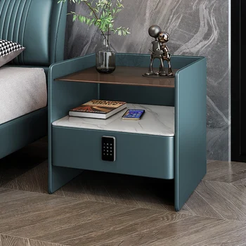 Italiano minimalista mesa-de-cabeceira de couro moderno e minimalista, rock painel de carregamento sem fios quarto creme de estilo armário de armazenamento