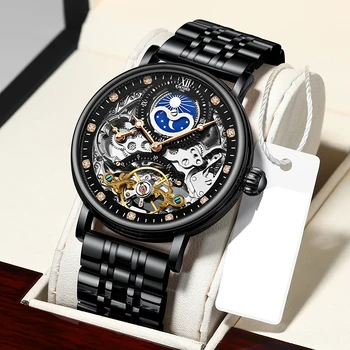 KINYUED de Negócios Tourbillon Relógios Mecânicos Automáticos Homens do Relógio Marca de Luxo Fase da Lua relógio de Pulso de Aço Cheia de Relojes Hombre