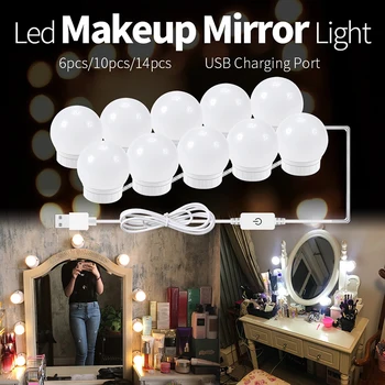 LED Profissional, Espelho de Maquiagem Completo de Espelho iluminado USB Tabela Espelho com Luz 6 10 14Bulbs Festival Vaidade Luzes