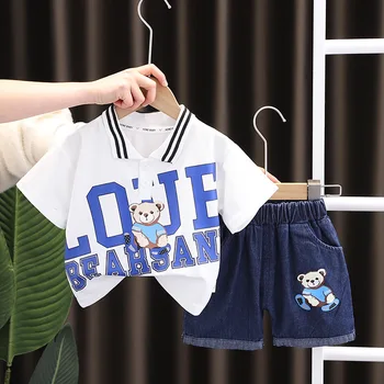 Menino Roupas de Verão 2023 coreano Crianças de Luxo Cartoon Vire para baixo de Gola Manga Curta T-shirt e Shorts Jeans Roupas de Criança