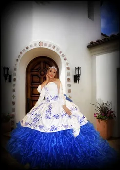 Mexicano Bordado Vestido Quinceanera Sem Mangas Decote Destacável Azul Royal Saia De Organza Longo Vestido Festa Formal
