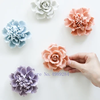 Moderno, feito à mão em 3D Criativo Cerâmica Flores para Casa Pendurado na Parede Peônia rosa Flor Decoração de Sala de estar Parede de Fundo Mural