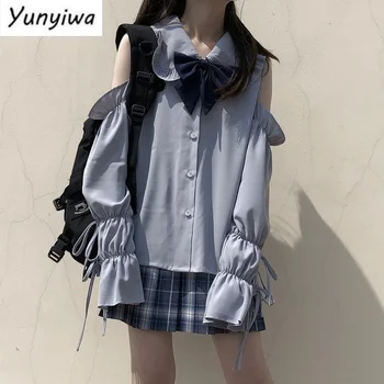 Mulheres Camisas Soltas Doce Adorável Estudantes de Japonês Estilo Lolita Feminino Escola Arco Off-ombro Lace-up Sólido de Lazer Blusa Nova