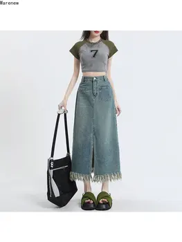 Mulheres Casual Slim Fit Harajuku Hotsweet Azul Saia Jeans 2023 Verão Cintura Alta Y2K 90 Rua de Uma Linha Sexy Borlas Saia de Fenda