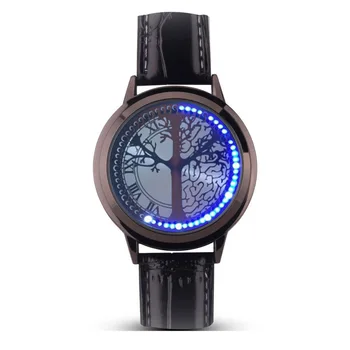 Mulheres Relógios LED de Discagem Unisex Tela de Toque Pulseira de Couro Ladies Watch Único Padrão de Árvore Azul Luzes Led Par Reloj Mujer