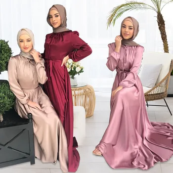 Médio Oriente Árabe De Dubai Muçulmano Moda 2023 Verão Novo Seda Sólido Vestido Simples Em Tempo Real Modelo