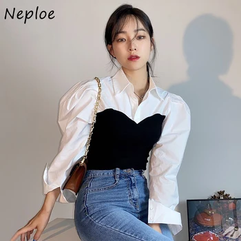 Neploe Coreia Chique de Verão Lapela Ldaies Camisa da Cor do Contraste de Costura Blusas Falso de Duas peças Top de Malha Puff Manga da Blusa Mulheres