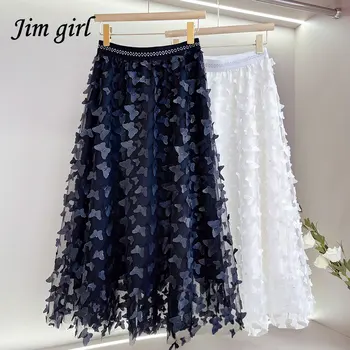 Novo No Feminino, Saias Longas Vintage Tridimensional Bordado De Borboleta Elástico De Alta Saia De Cintura Coreano Moda Casual Faldas