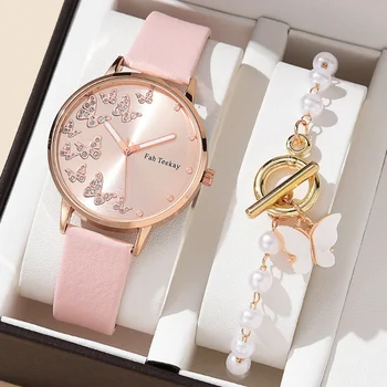 O luxo das Mulheres Relógios de Quartzo de Alta Qualidade de Couro Casual Relógios de Quartzo Fino Pulseira de 2 Peças (Sem Caixa)