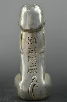 O Tibete Prata Homem Guarda Foo Cão Leão Macho Esculpida Pênis Deus Coletar Estátua Figura