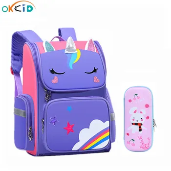 OKKID escola primária sacos para crianças dos desenhos animados livro saco de crianças bonito luminosa mochila escolar do aluno lápis conjunto de saco de menina da mochila