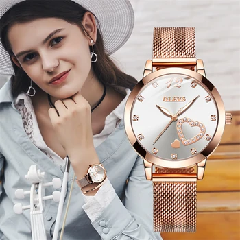 OLEVS Original de Moda de Aço Inoxidável da Malha do Ouro de Rosa do Relógio de Quartzo para Mulheres Impermeável Luminosos do Coração de Diamante Relógios das Mulheres