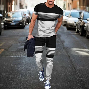 Os homens Verão de Treino a Faixa de Impressão T-shirt, Calças de Set de Moda Masculina de Jogging Terno Casual Streetwear Vintage Roupa Roupas